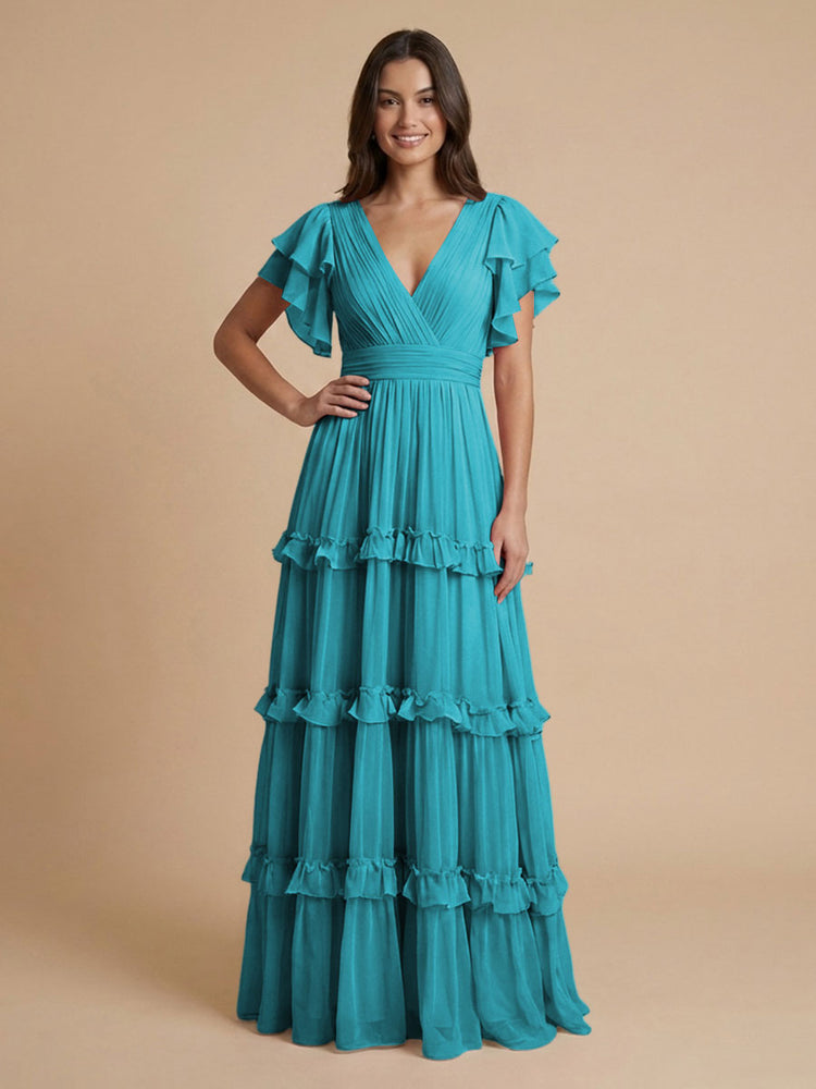 Chiffon A-Line V Neck Long Bridesmaid Dresses with Layers