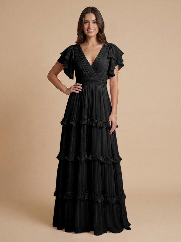 Chiffon A-Line V Neck Long Bridesmaid Dresses with Layers