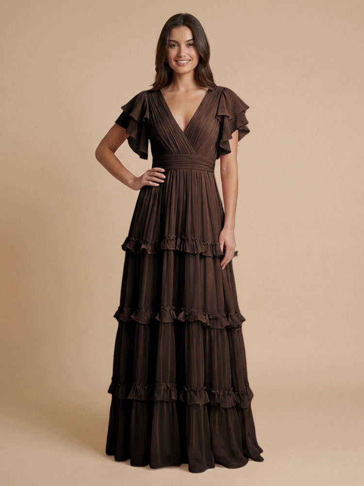 Chiffon A-Line V Neck Long Bridesmaid Dresses with Layers