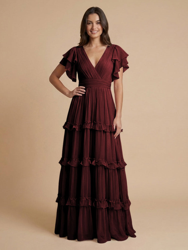 Chiffon A-Line V Neck Long Bridesmaid Dresses with Layers
