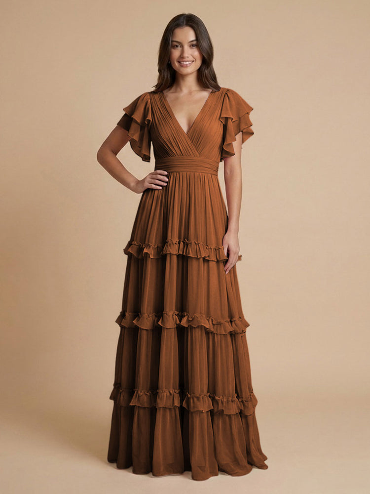 Chiffon A-Line V Neck Long Bridesmaid Dresses with Layers
