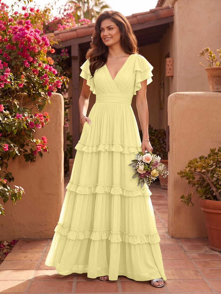Chiffon A-Line V Neck Long Bridesmaid Dresses with Layers