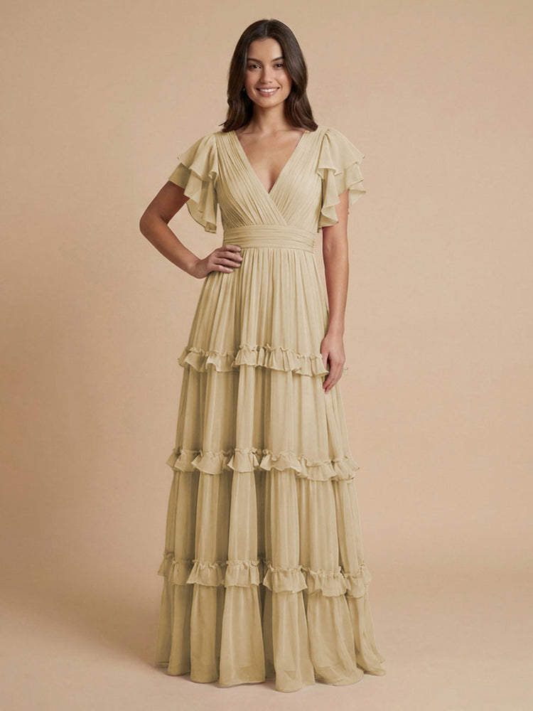 Chiffon A-Line V Neck Long Bridesmaid Dresses with Layers