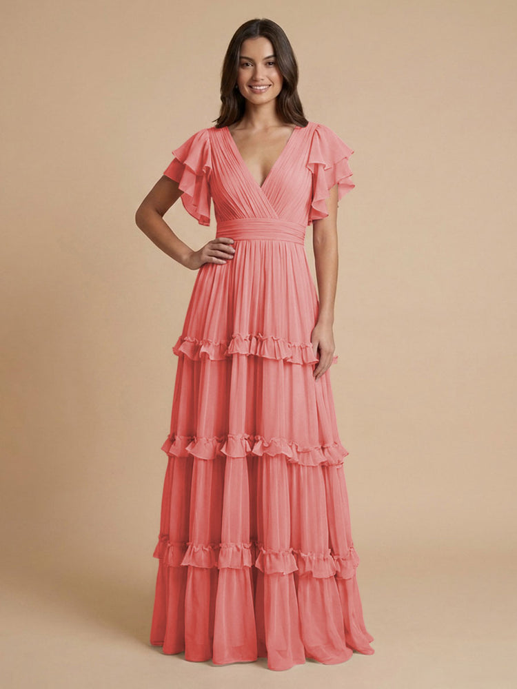 Chiffon A-Line V Neck Long Bridesmaid Dresses with Layers