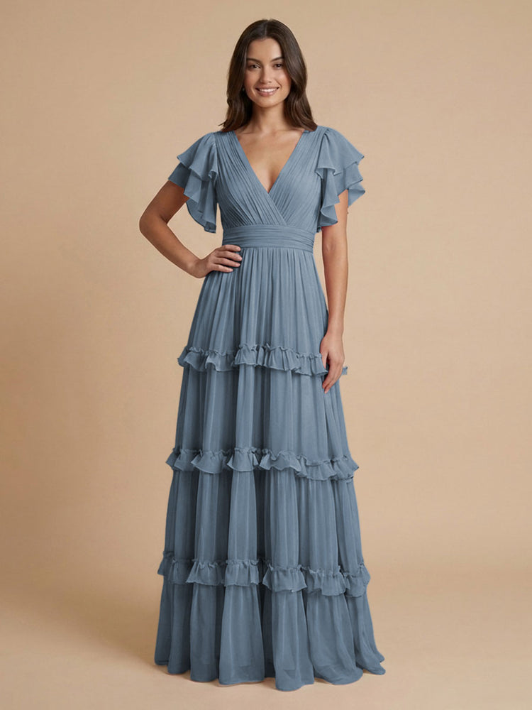 Chiffon A-Line V Neck Long Bridesmaid Dresses with Layers