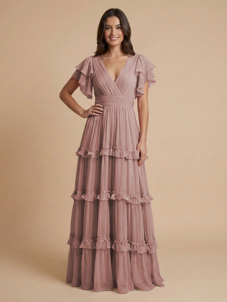 Chiffon A-Line V Neck Long Bridesmaid Dresses with Layers