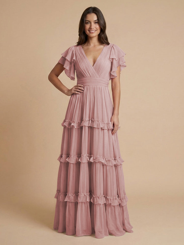 Chiffon A-Line V Neck Long Bridesmaid Dresses with Layers