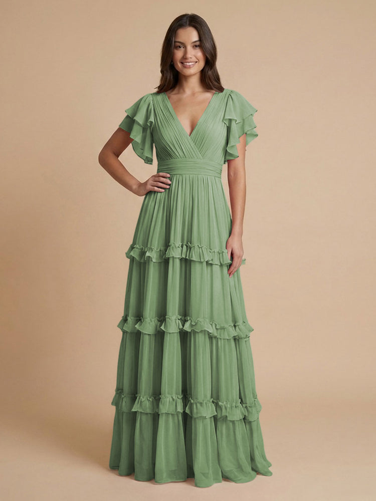 Chiffon A-Line V Neck Long Bridesmaid Dresses with Layers