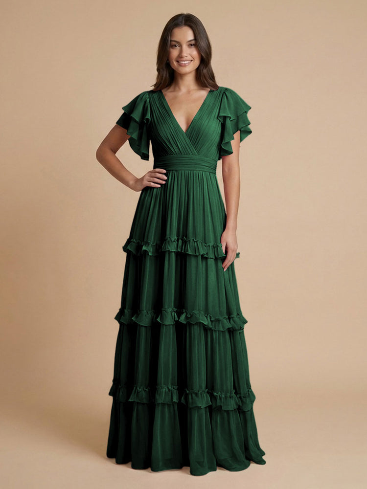 Chiffon A-Line V Neck Long Bridesmaid Dresses with Layers