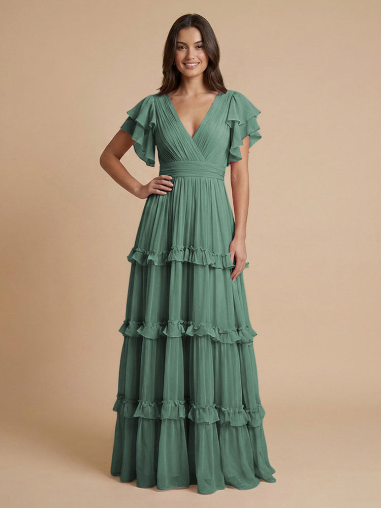 Chiffon A-Line V Neck Long Bridesmaid Dresses with Layers
