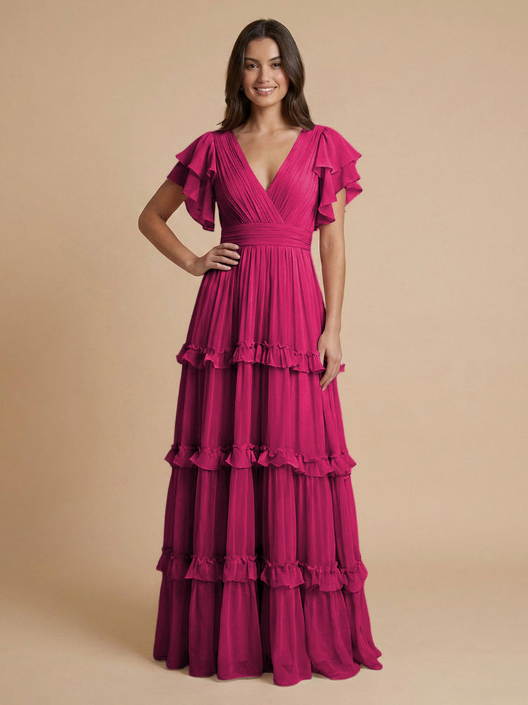 Chiffon A-Line V Neck Long Bridesmaid Dresses with Layers
