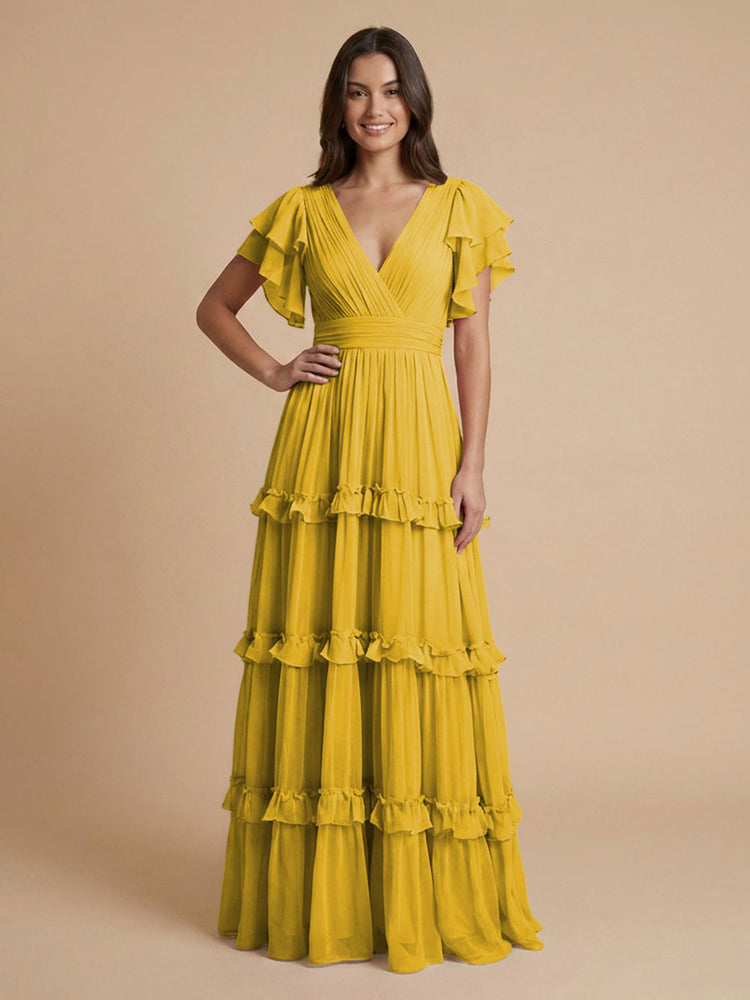 Chiffon A-Line V Neck Long Bridesmaid Dresses with Layers