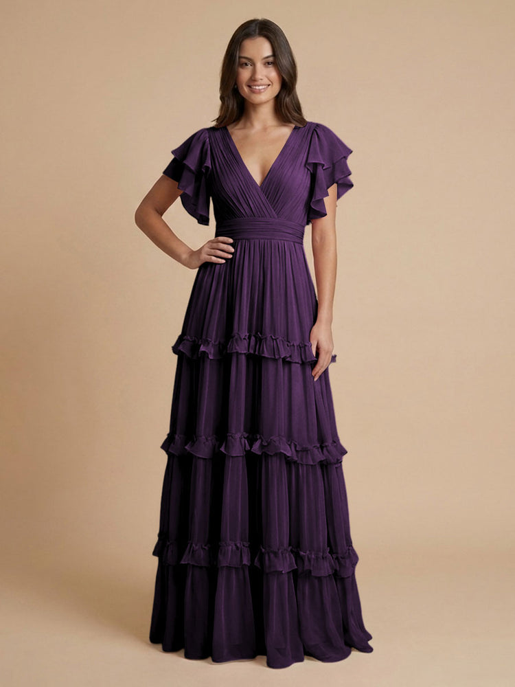 Chiffon A-Line V Neck Long Bridesmaid Dresses with Layers