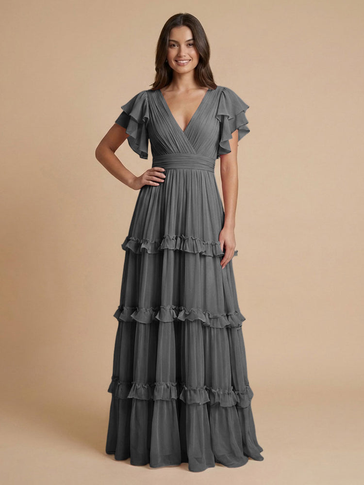 Chiffon A-Line V Neck Long Bridesmaid Dresses with Layers