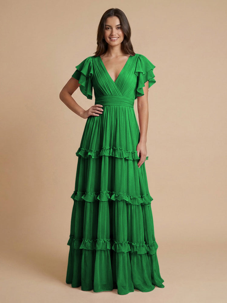 Chiffon A-Line V Neck Long Bridesmaid Dresses with Layers