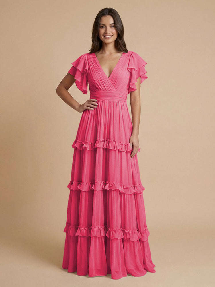 Chiffon A-Line V Neck Long Bridesmaid Dresses with Layers