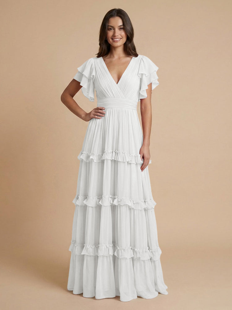 Chiffon A-Line V Neck Long Bridesmaid Dresses with Layers