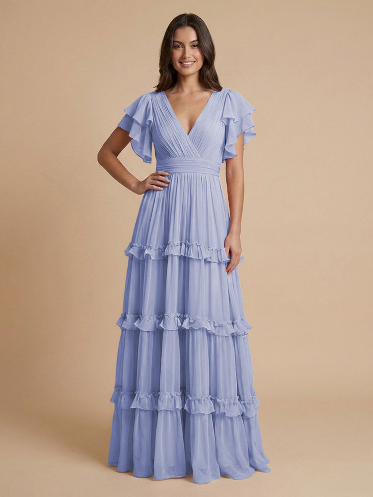 Chiffon A-Line V Neck Long Bridesmaid Dresses with Layers