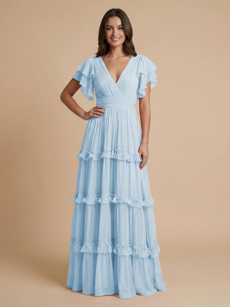 Chiffon A-Line V Neck Long Bridesmaid Dresses with Layers
