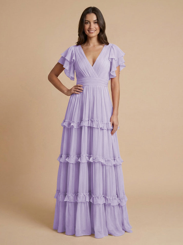 Chiffon A-Line V Neck Long Bridesmaid Dresses with Layers