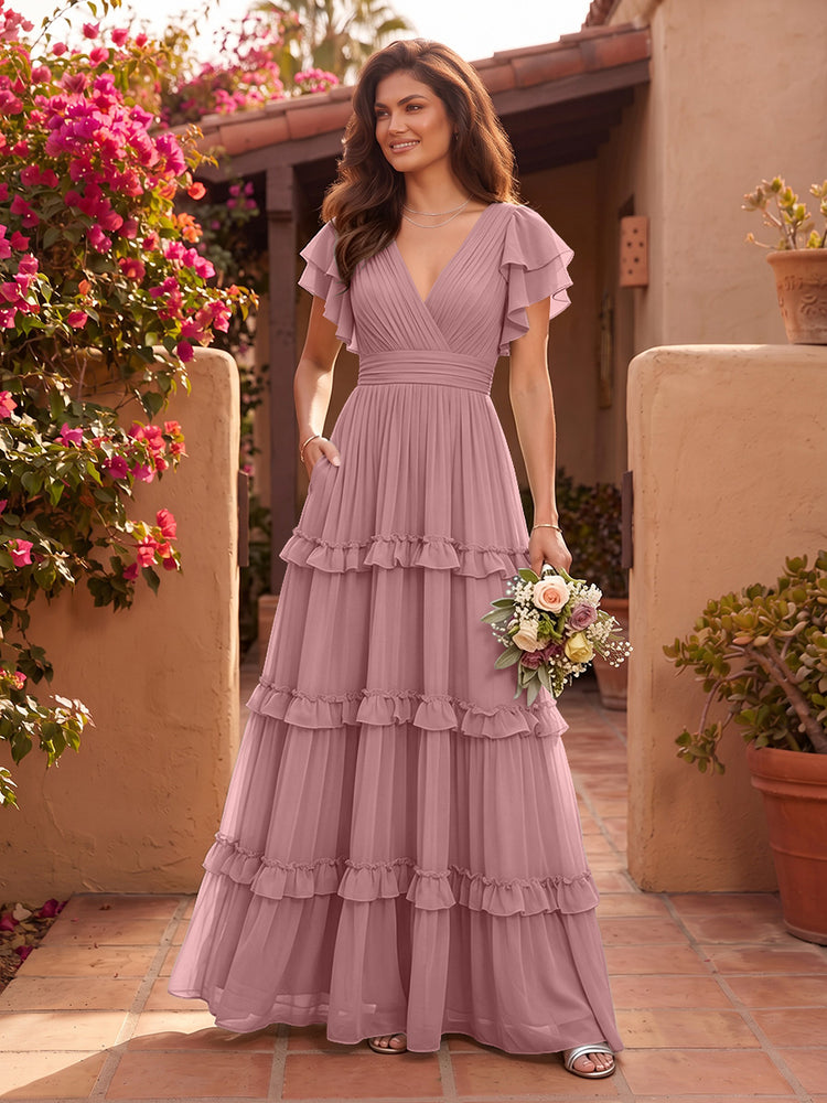 Chiffon A-Line V Neck Long Bridesmaid Dresses with Layers