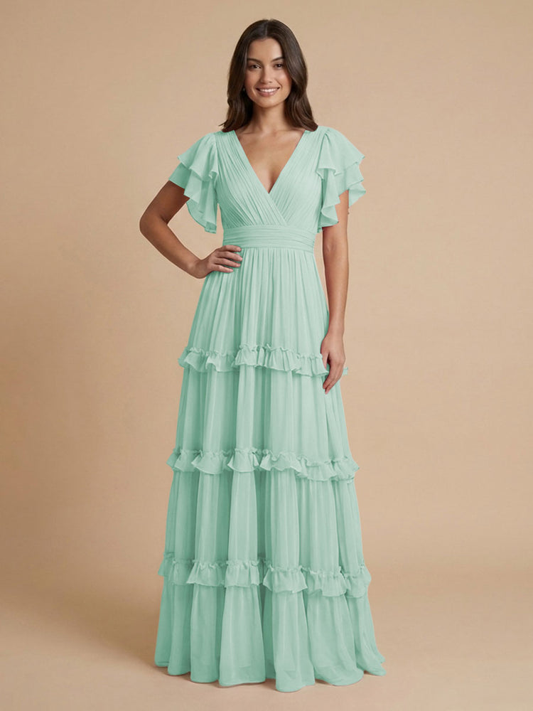 Chiffon A-Line V Neck Long Bridesmaid Dresses with Layers