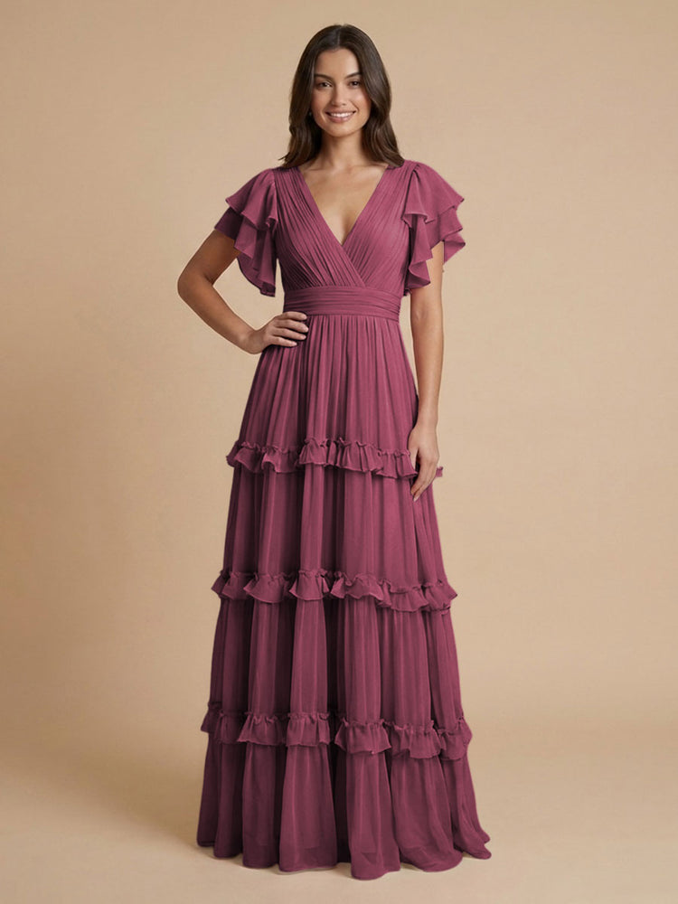 Chiffon A-Line V Neck Long Bridesmaid Dresses with Layers