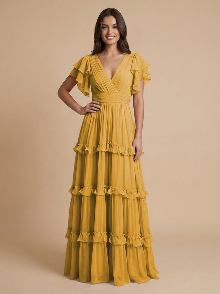 Chiffon A-Line V Neck Long Bridesmaid Dresses with Layers