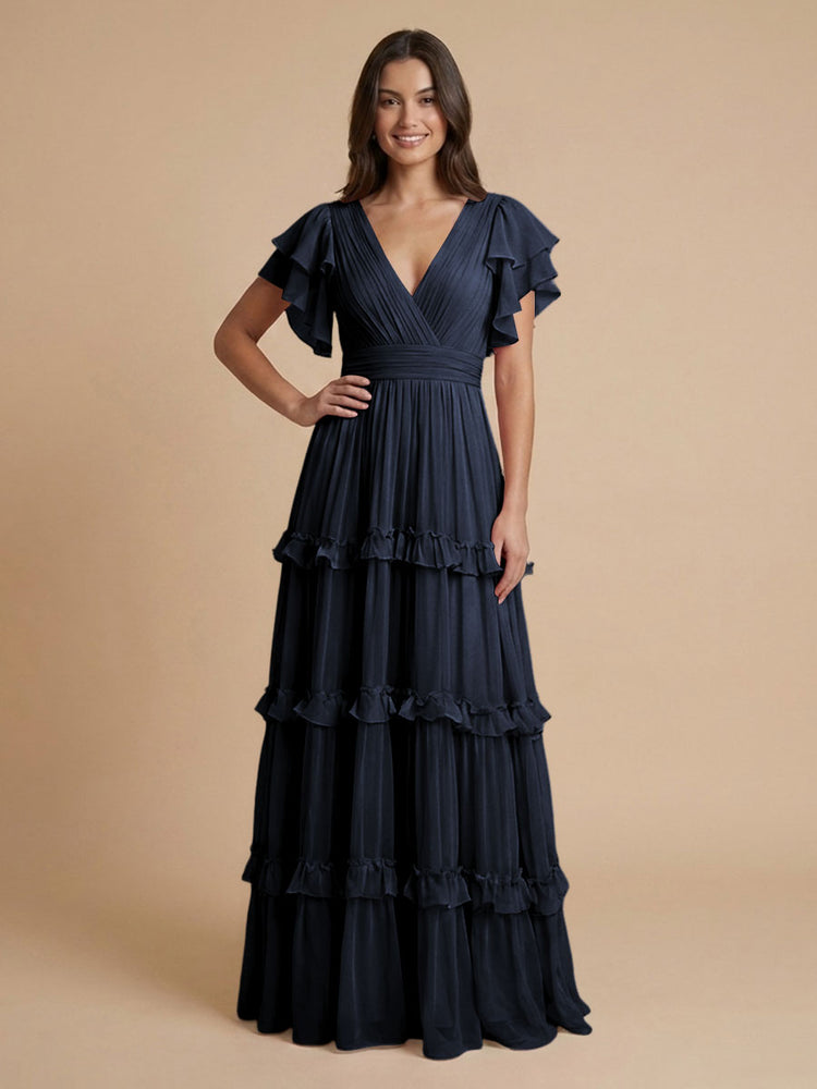 Chiffon A-Line V Neck Long Bridesmaid Dresses with Layers