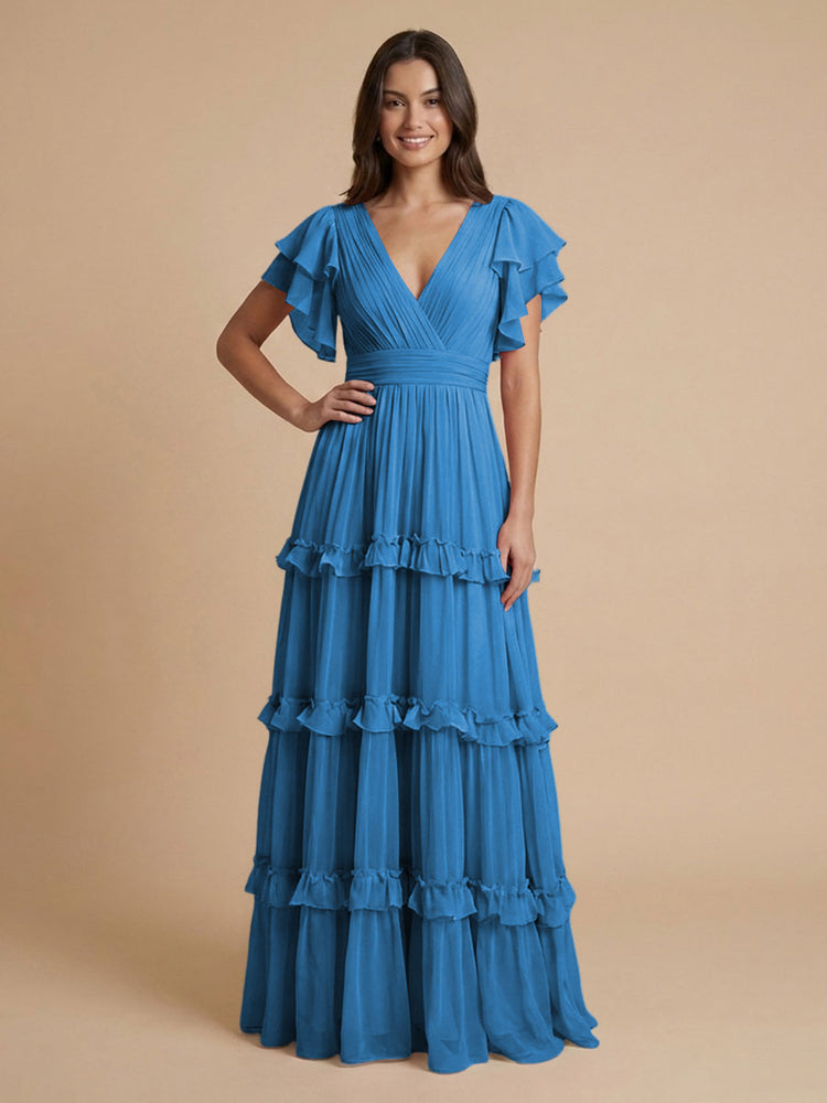 Chiffon A-Line V Neck Long Bridesmaid Dresses with Layers