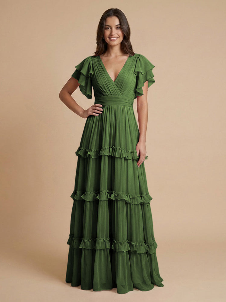 Chiffon A-Line V Neck Long Bridesmaid Dresses with Layers