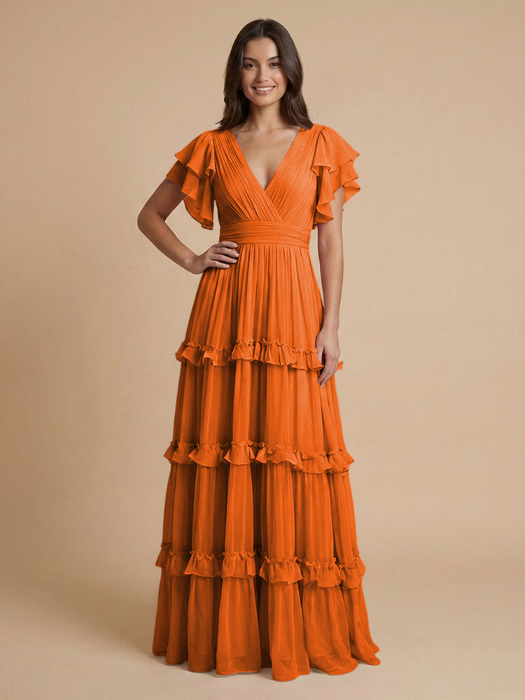 Chiffon A-Line V Neck Long Bridesmaid Dresses with Layers