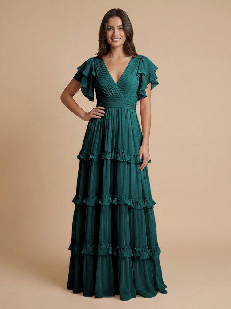 Chiffon A-Line V Neck Long Bridesmaid Dresses with Layers