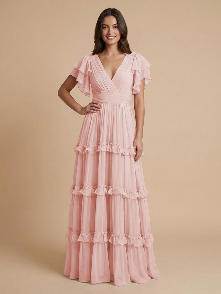 Chiffon A-Line V Neck Long Bridesmaid Dresses with Layers