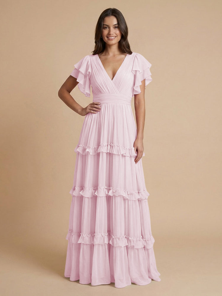 Chiffon A-Line V Neck Long Bridesmaid Dresses with Layers