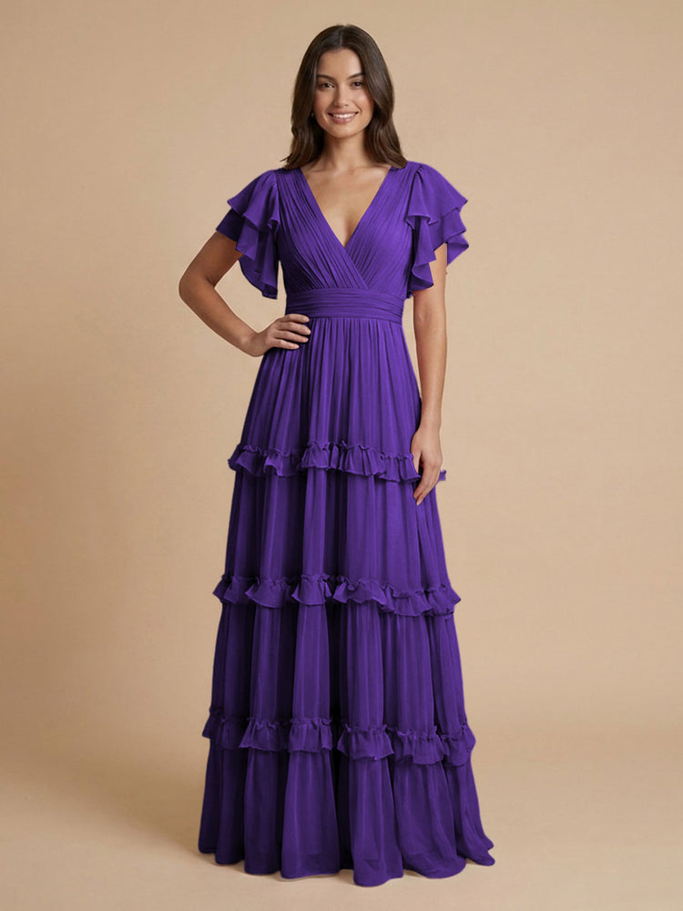 Chiffon A-Line V Neck Long Bridesmaid Dresses with Layers
