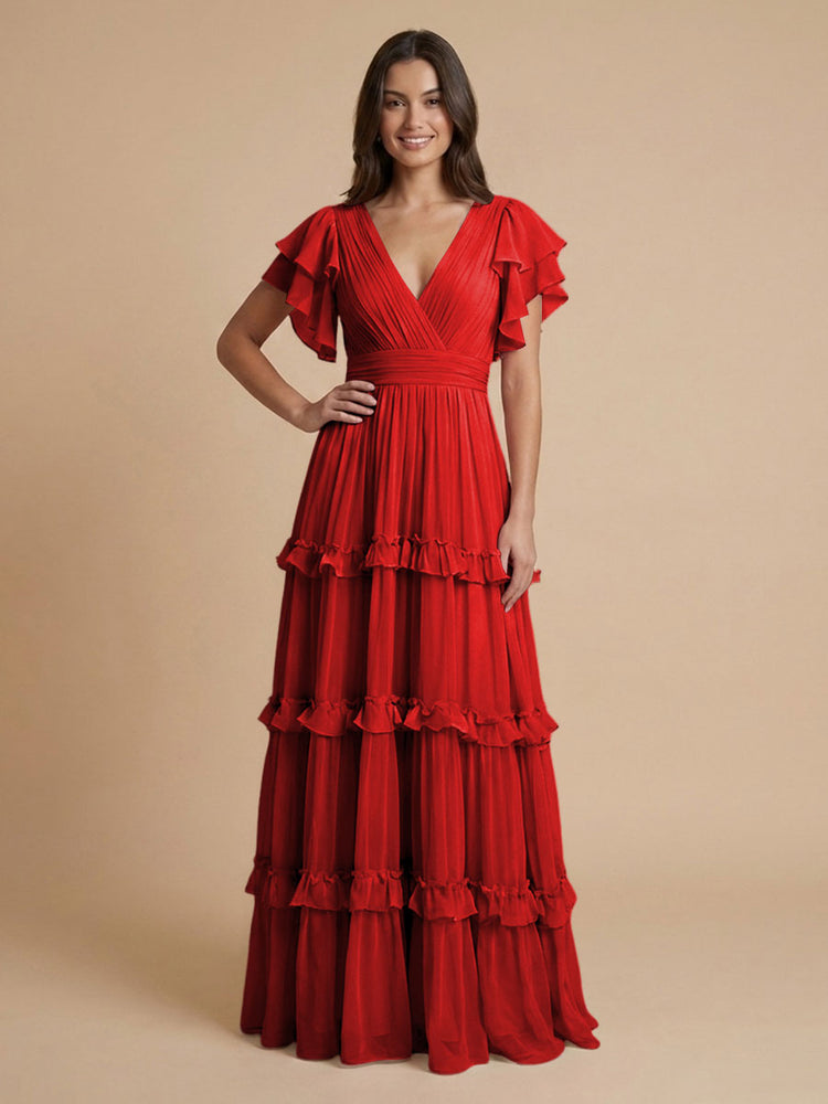 Chiffon A-Line V Neck Long Bridesmaid Dresses with Layers