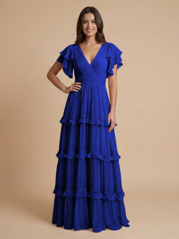 Chiffon A-Line V Neck Long Bridesmaid Dresses with Layers