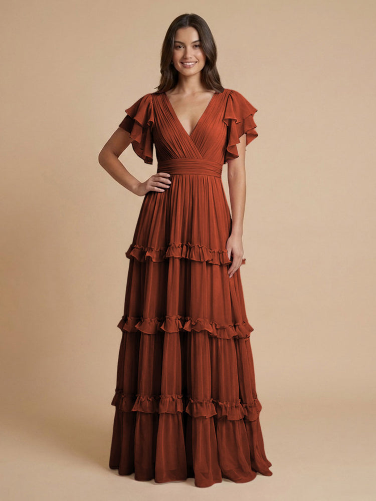 Chiffon A-Line V Neck Long Bridesmaid Dresses with Layers