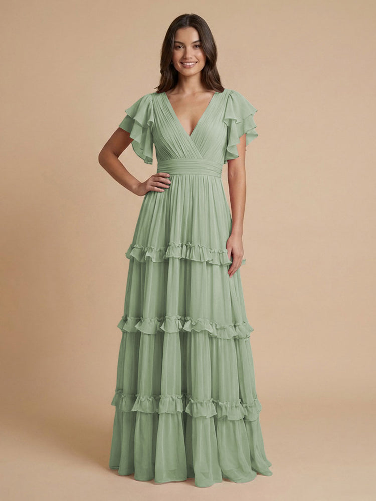 Chiffon A-Line V Neck Long Bridesmaid Dresses with Layers
