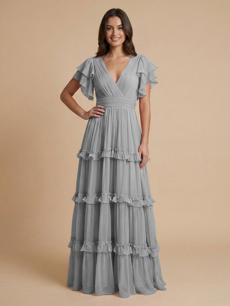 Chiffon A-Line V Neck Long Bridesmaid Dresses with Layers