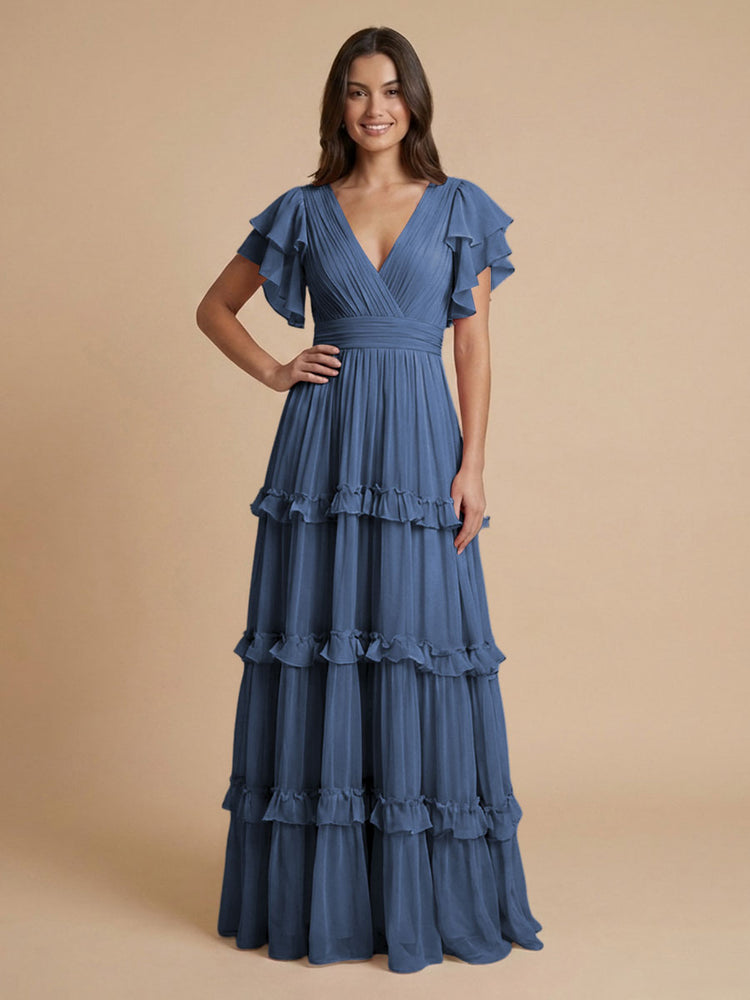Chiffon A-Line V Neck Long Bridesmaid Dresses with Layers