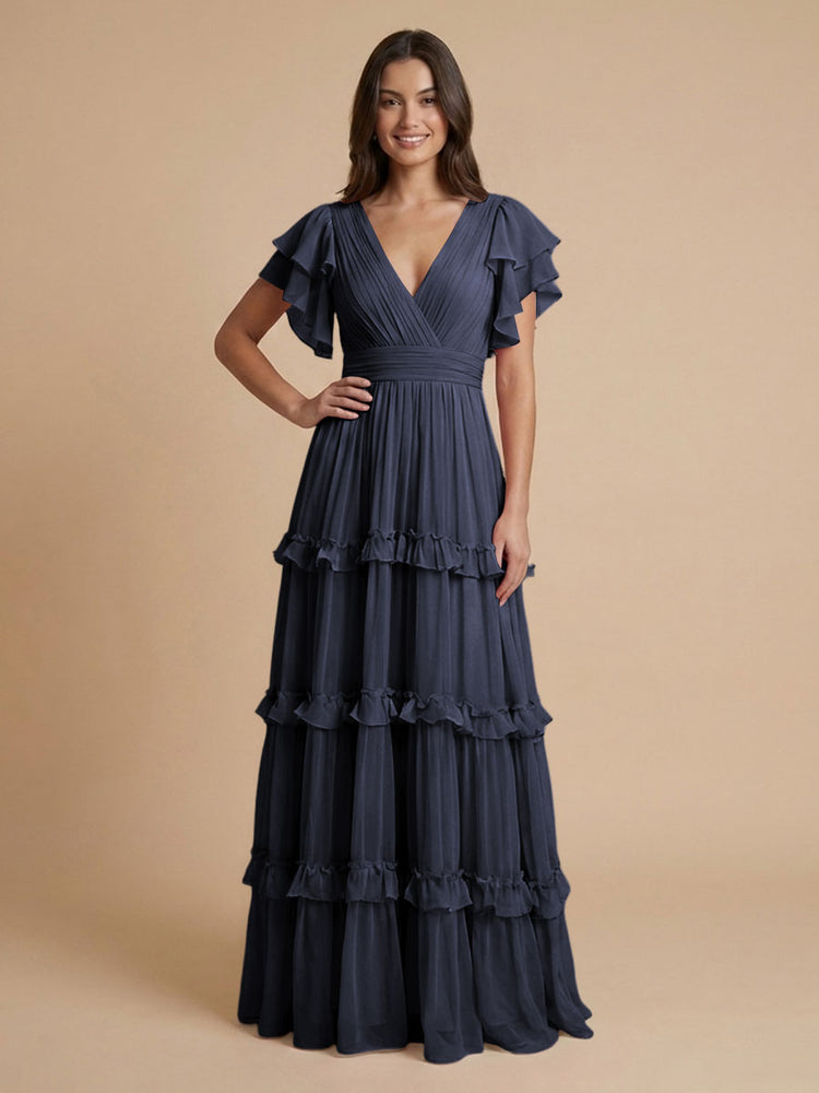 Chiffon A-Line V Neck Long Bridesmaid Dresses with Layers