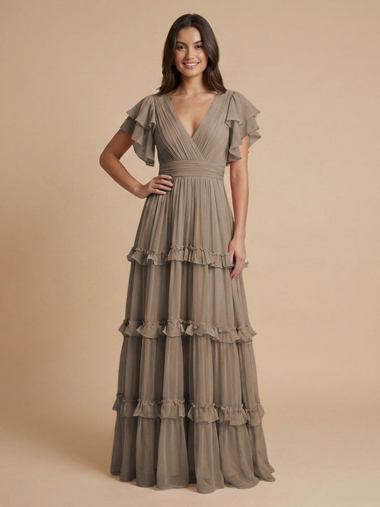 Chiffon A-Line V Neck Long Bridesmaid Dresses with Layers