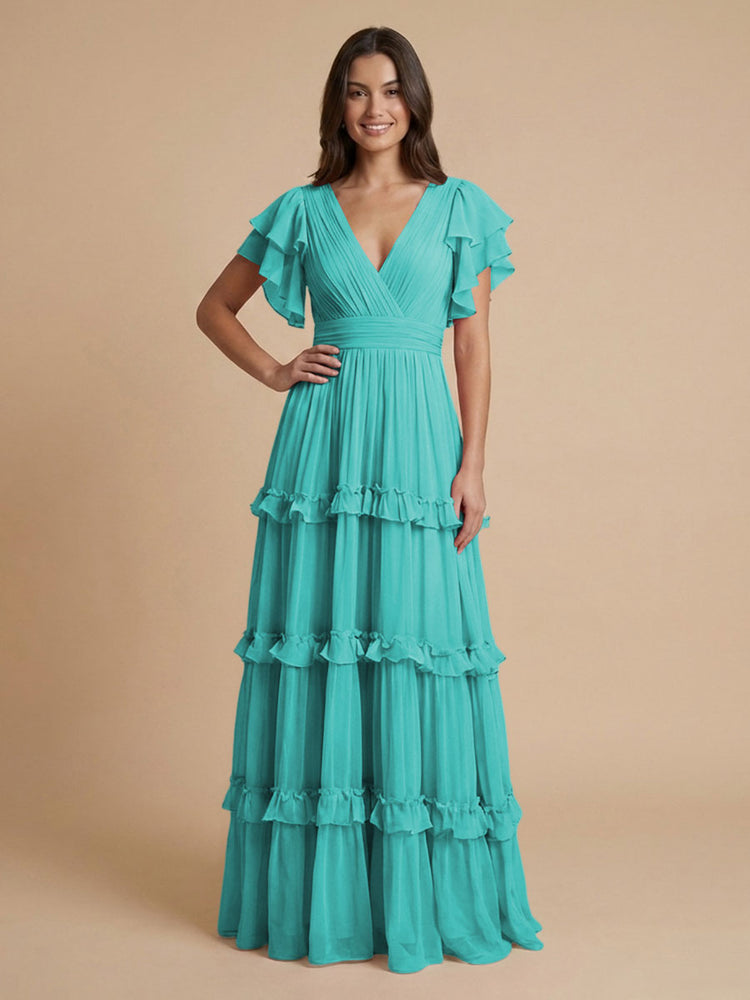 Chiffon A-Line V Neck Long Bridesmaid Dresses with Layers