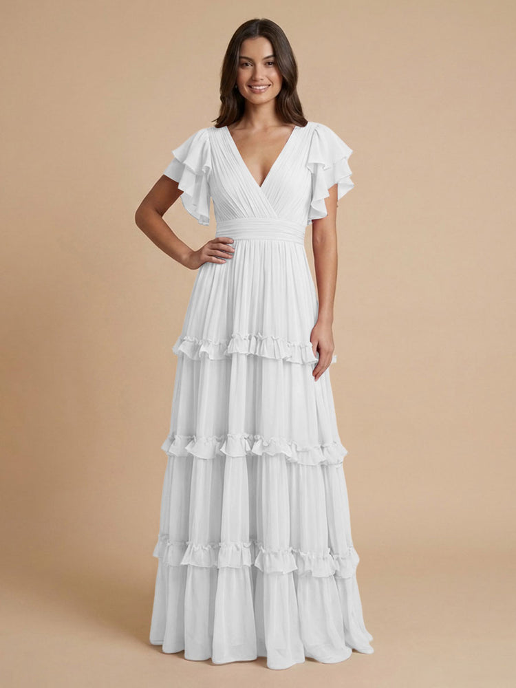 Chiffon A-Line V Neck Long Bridesmaid Dresses with Layers