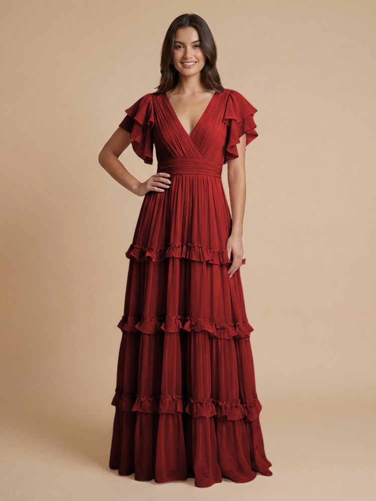Chiffon A-Line V Neck Long Bridesmaid Dresses with Layers