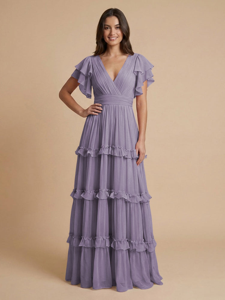 Chiffon A-Line V Neck Long Bridesmaid Dresses with Layers