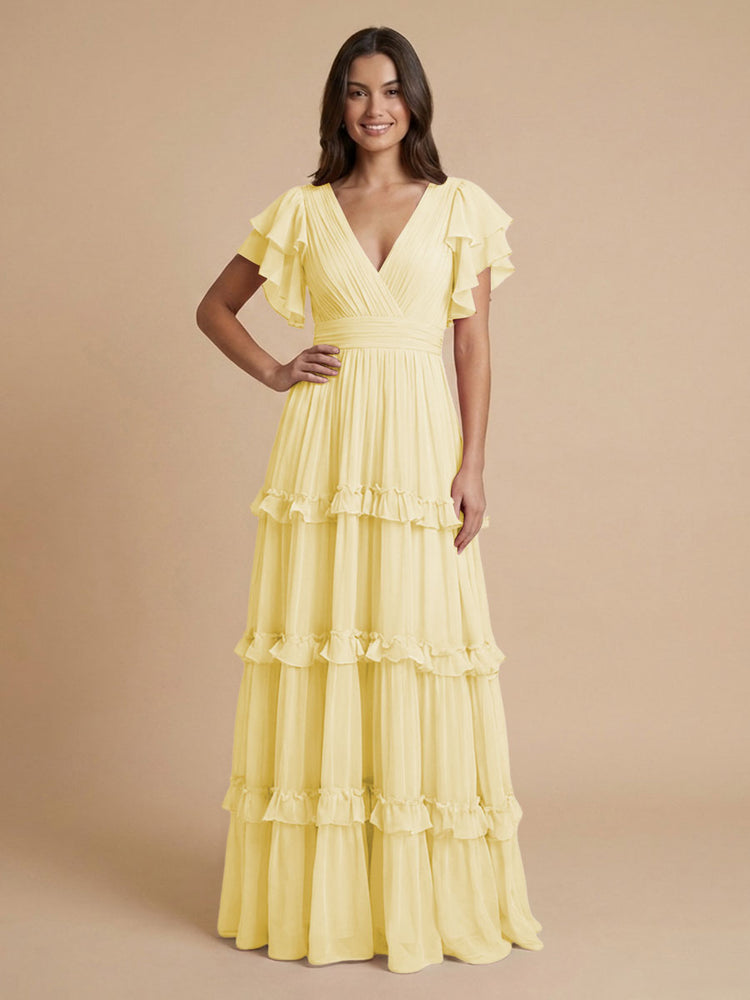 Chiffon A-Line V Neck Long Bridesmaid Dresses with Layers