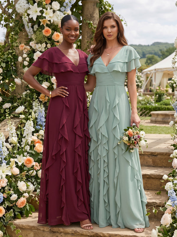 Chiffon A-Line V Neck Long Bridesmaid Dresses with Ruffles